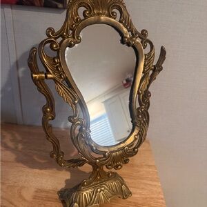 Ornate Brass Frame Table Mirror with Wood Back